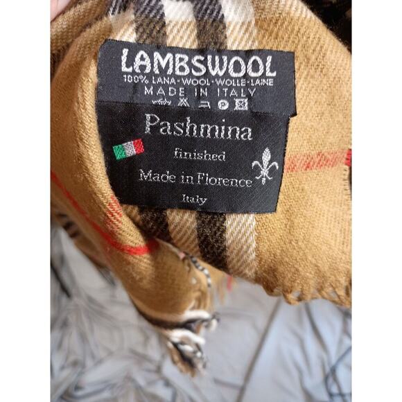 Pashmina Scarf Wrap 100% Lambswool Beige Plaid Fringe Preppy Classic - Picture 4 of 4